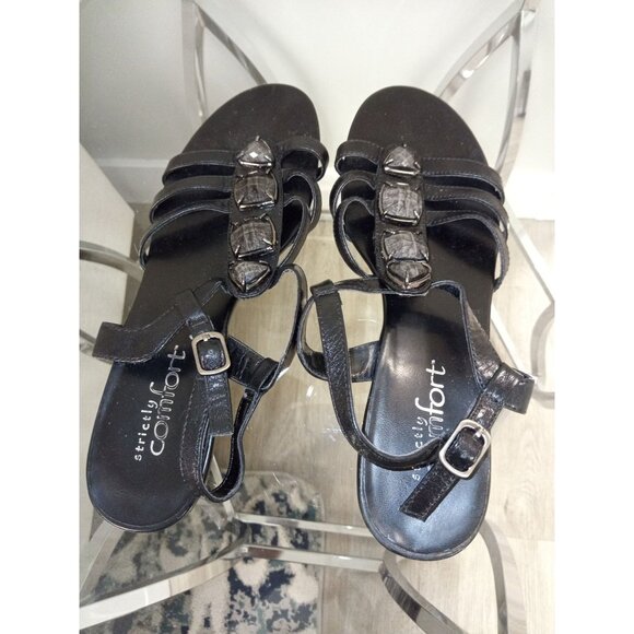 Women's Black Strictly Comfort Leather Sandal w/Rhinestone Detail Size 7 - Picture 6 of 8